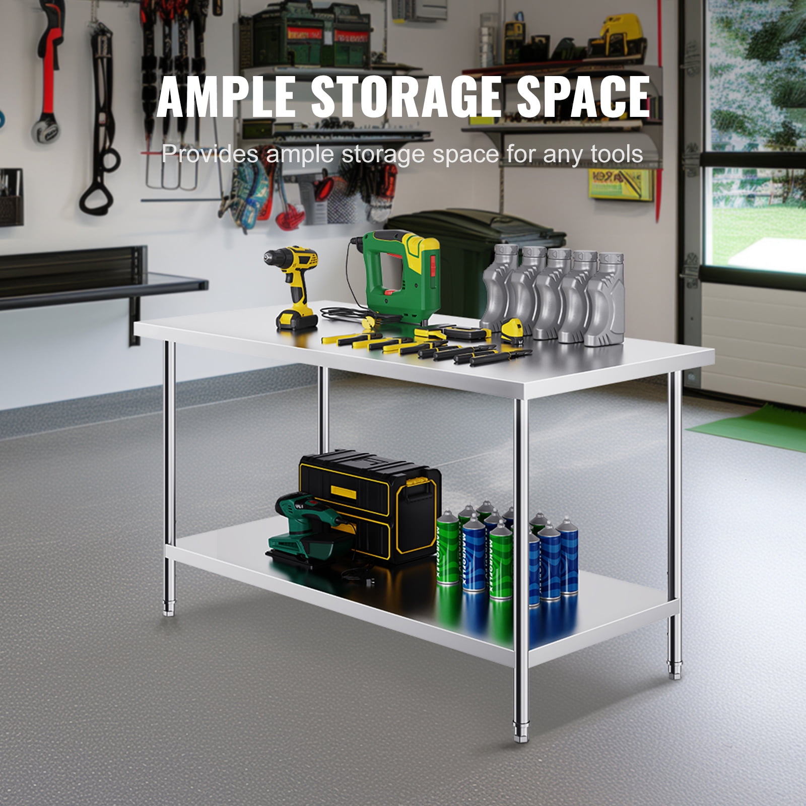 KFFKFF Metal Prep Station, 30x60x34 in, Supports up to 910 lbs, Durable Stainless Steel Table with 3 Height Settings, Ideal for Kitchen, Garage, or Commercial Use
