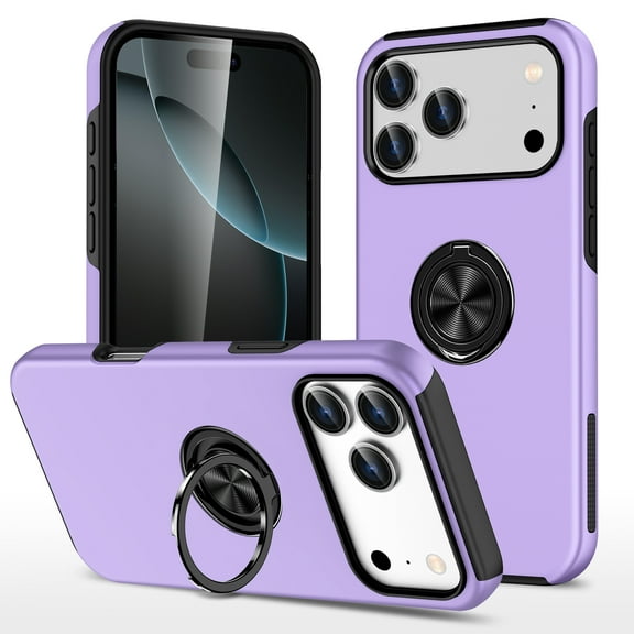 for iPhone 17 Pro Case, 360° Rotatable Ring Holder Kickstand Dual Layer Military-Grade Drop Tested Protection Support Car Holder Mount Magnetic Absorbing Bumper Phone Case, Purple