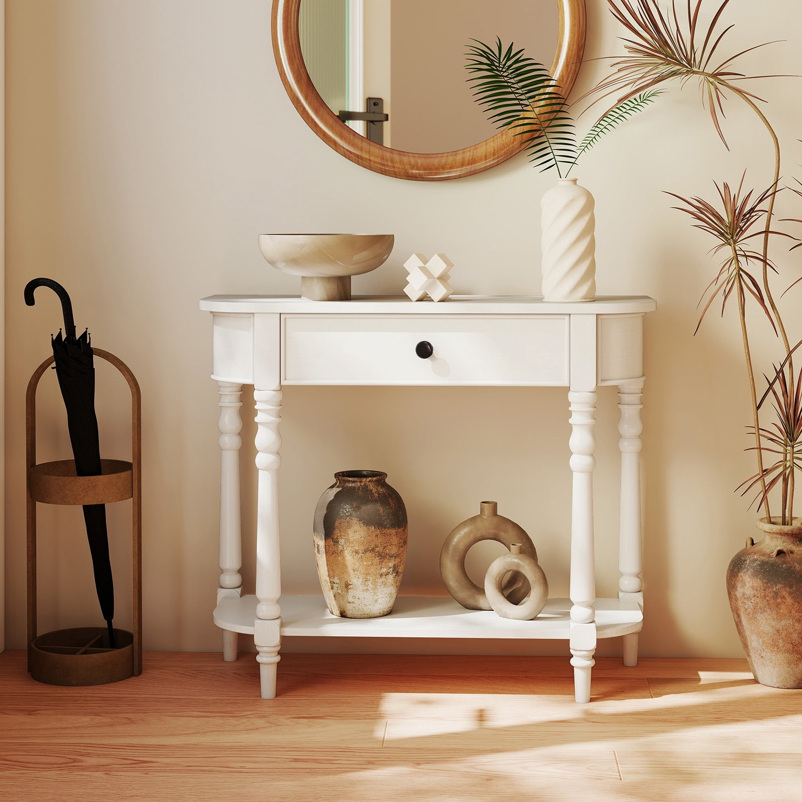 Gymax Retro Console Table 36''L Wooden Entryway Table w/ Storage Drawer & Open Shelf White