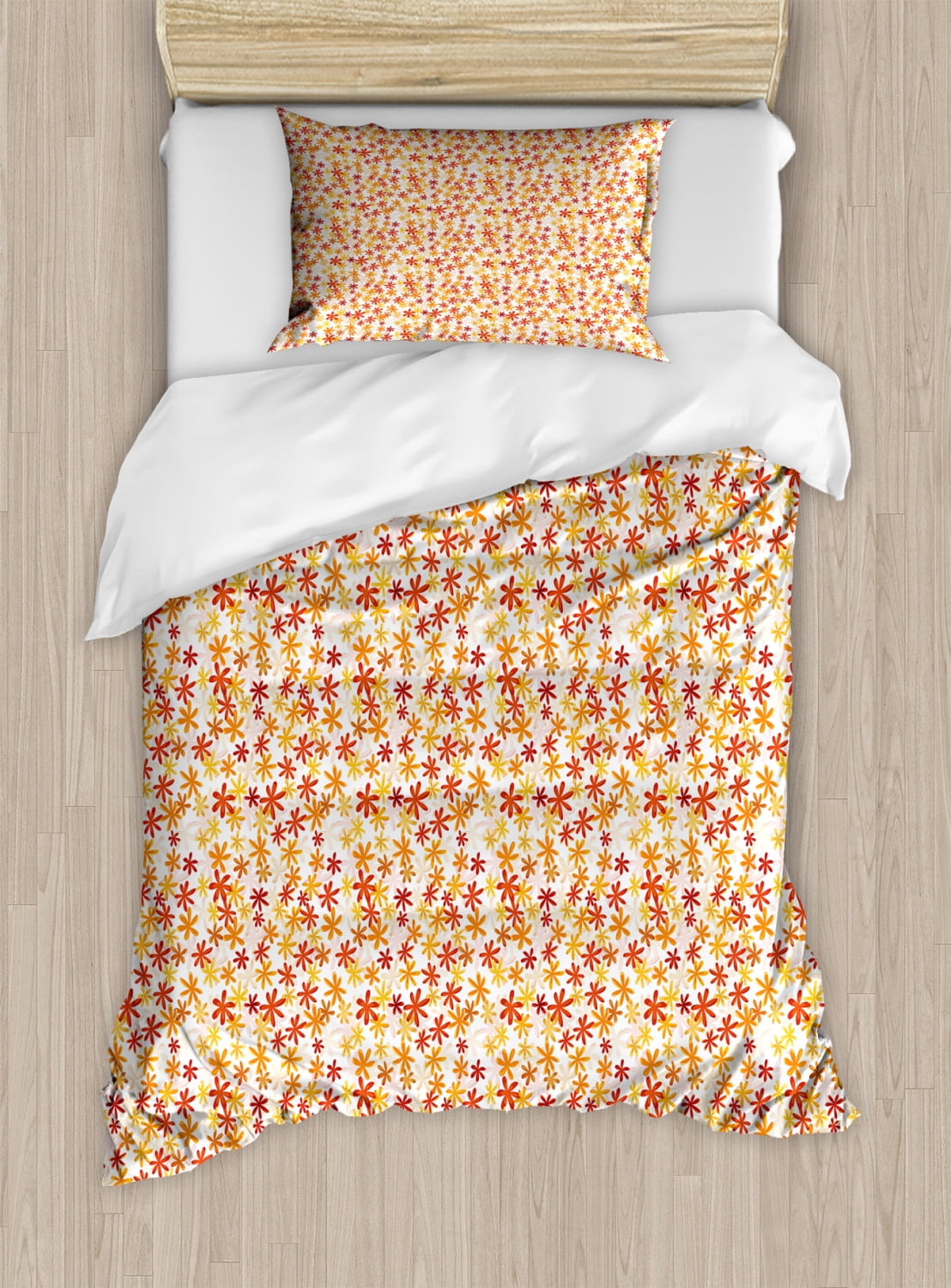 Autumn Twin Size Duvet Cover Set, Little Blossoms in the Warm Colors of