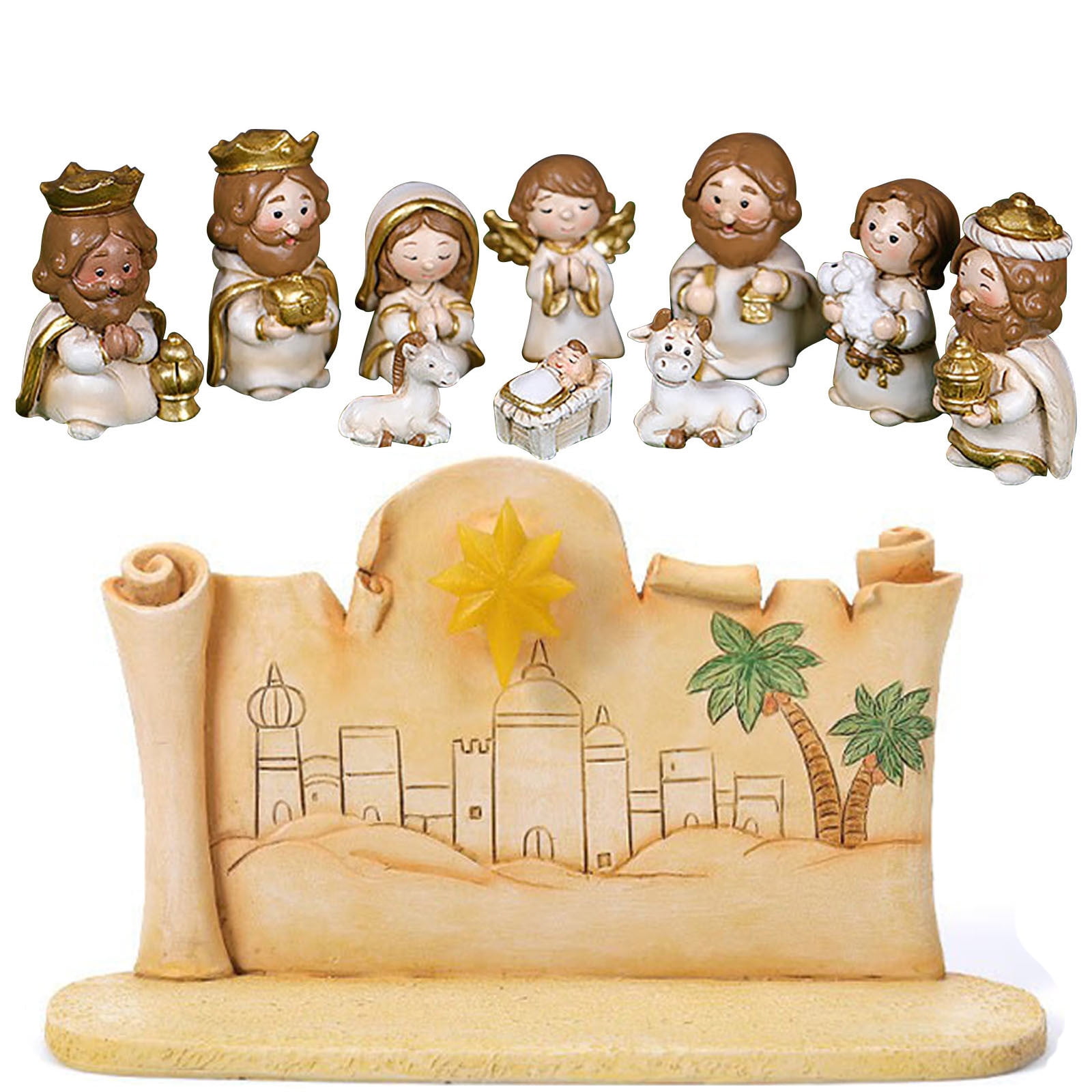 Leodye Mini Christmas Nativity Set,11 Pieces Little People Nativity Set,Christmas Decoration Miniature Nativity Set,Nativity Scene with Light 10 Rearrangeable Figurines Decor Tabletop Decor