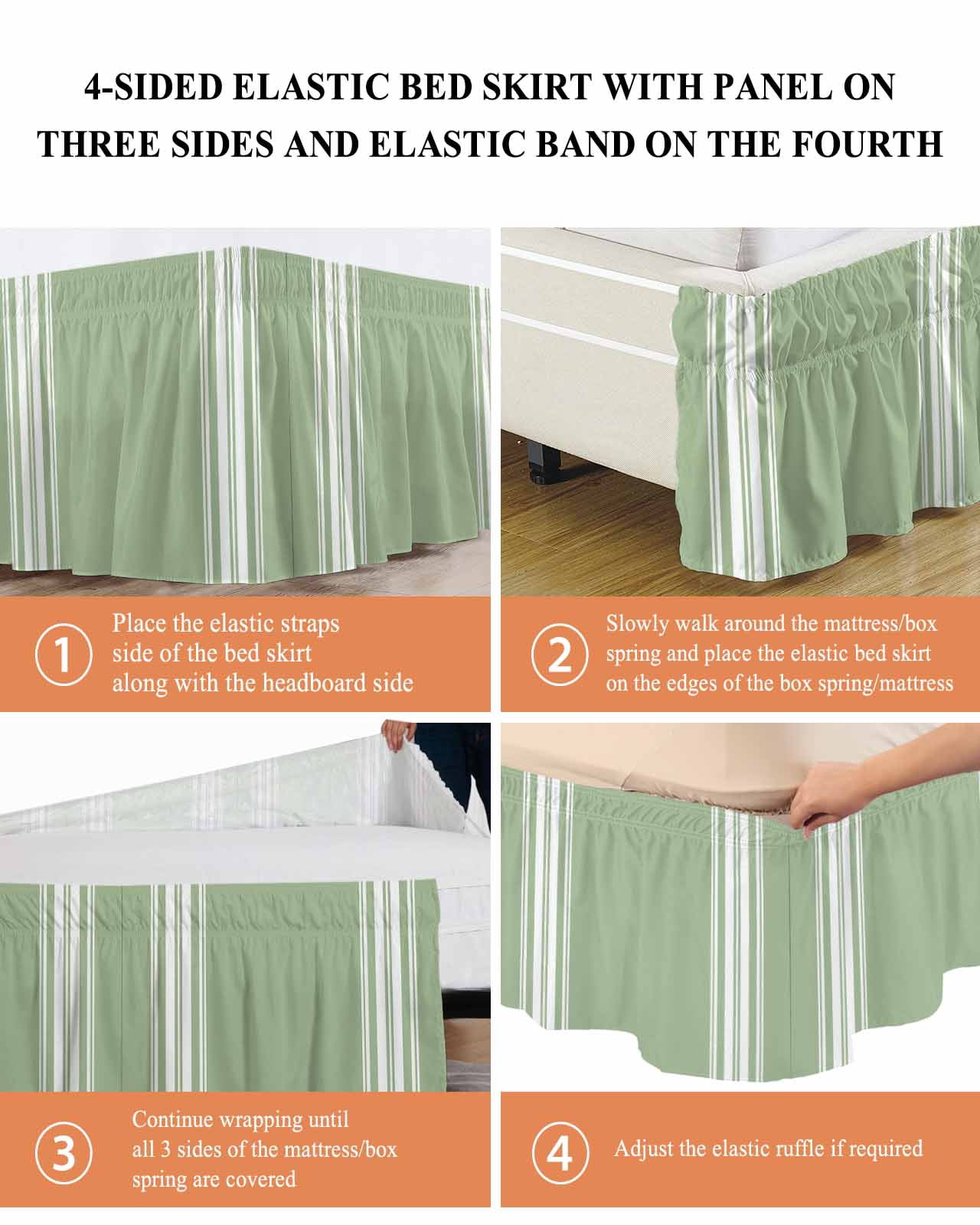 Sage Green Bed Skirt King Size 18" Drop White Striped Ruffled Wrap Around Bed Skirts Adjustable Elastic Bedskirt Dust Ruffle for King Size Bed