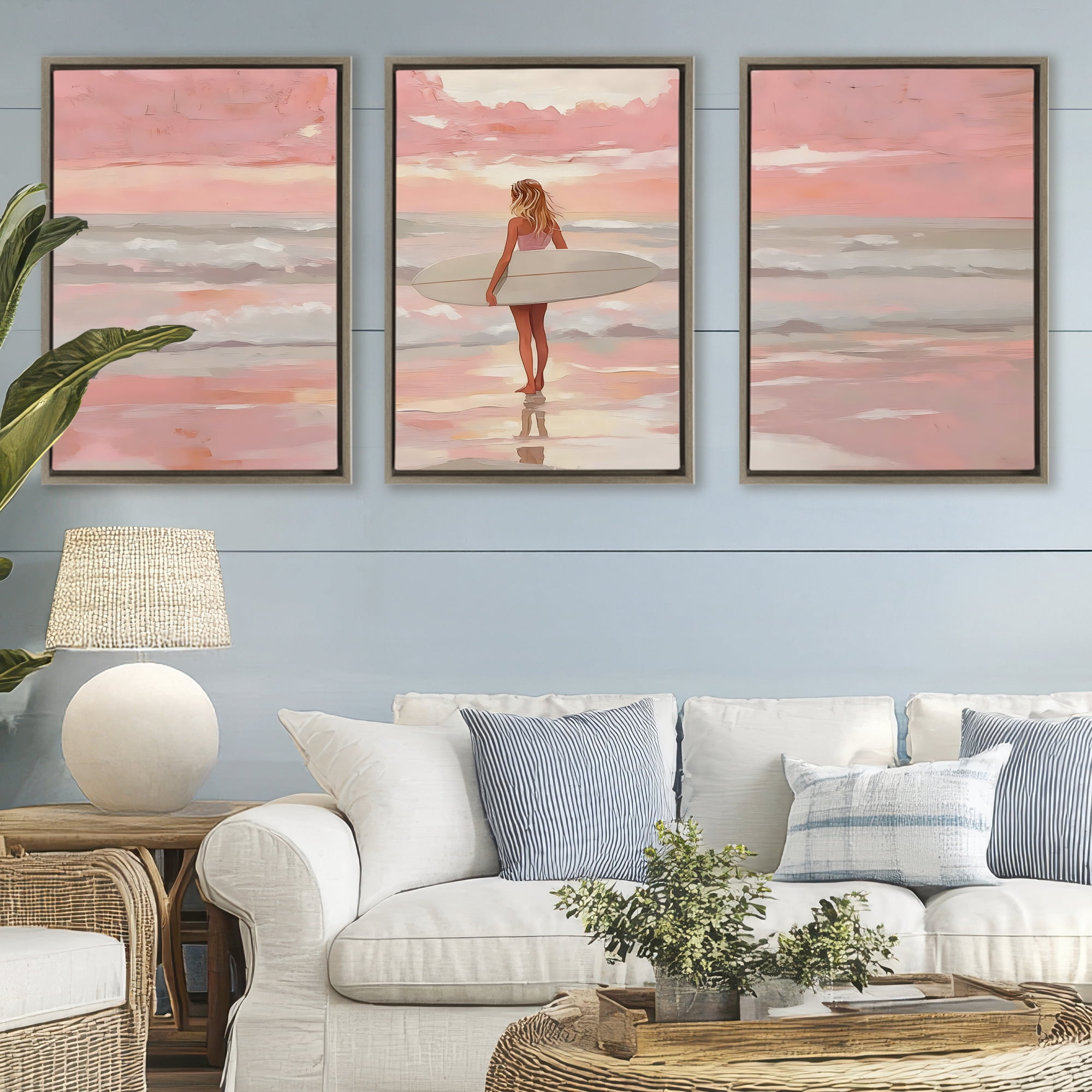 Stupell Industries Pink Sky Surfer Sunrise 3 Piece Brown Framed Floater Canvas Set, design by LSR Design Studio