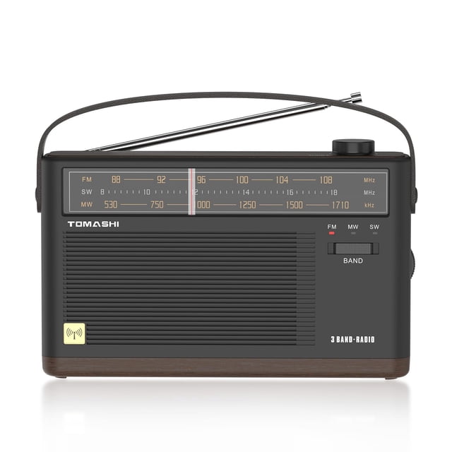 Radio portátil retro TOMASHI de 3 bandas con DSP y acabado en madera