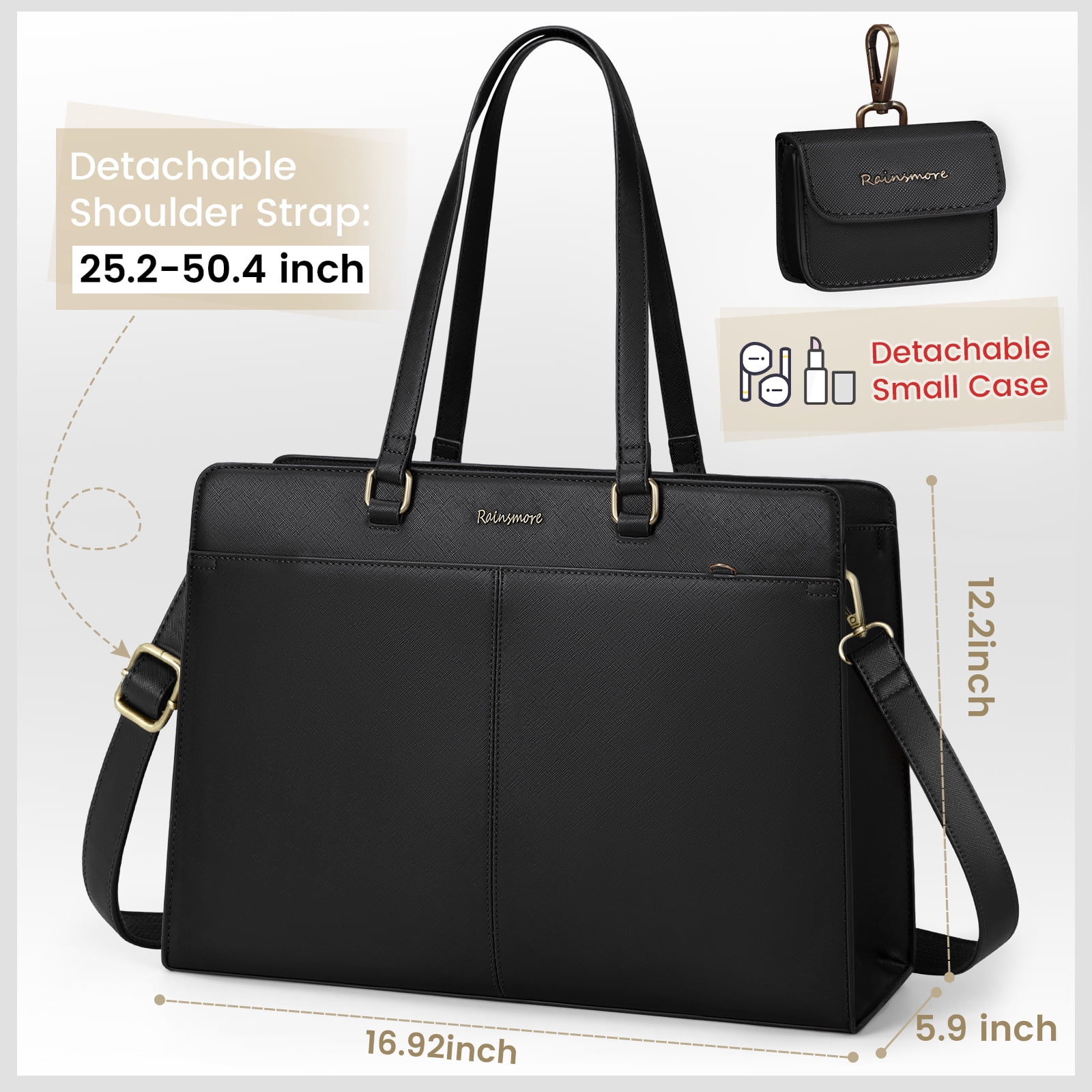 RAINSMORE Laptop Bag for Women 15.6 inch Laptop Tote Briefcase Waterproof Leather Computer Bag Work Tote Bags,Black