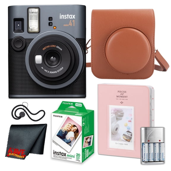 FujiFilm Instax Mini 41 Instant Camera Bundle With Fuji Instax-Instant-mini Film Value Pack (20 Sheets)   Photo Album – 64 Pockets   Vintage Style Compatible Carrying Case Brown