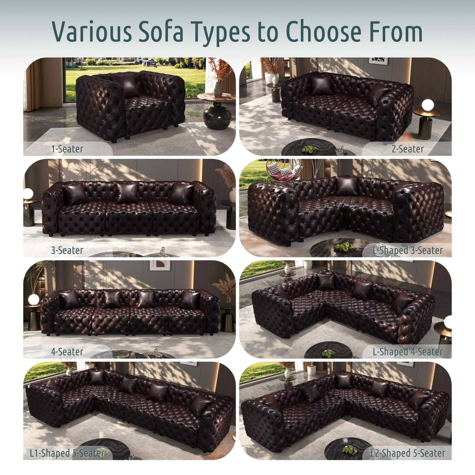 MAYEERTY 6‑Seat Faux‑Leather Modular Sofa, Handcrafted Button Tufted Couch with 6 Pillows for Living Room & Small Apartment