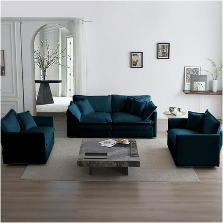 JERFIT 3-Piece Blue Chenille Sofa Set with Accent Chairs, Modern Living Room Furniture for Small Spaces