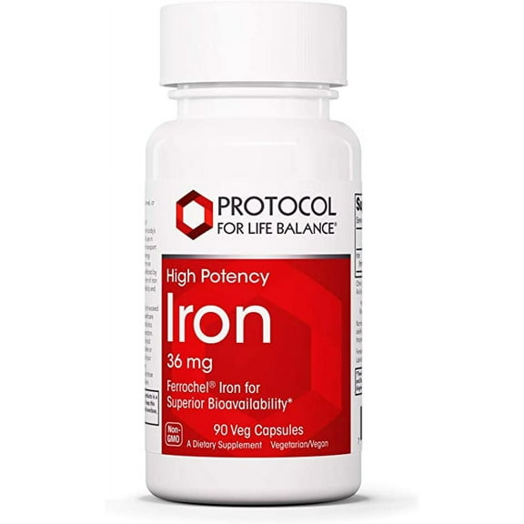 Protocol For Life Balance - Iron 36 mg (High Potency) - Ferrochel Iron for Superior Bioavailability, Helps Increase Energy, Healthy Pregnancy, Strengthens Muscles - 90 Veg Capsules