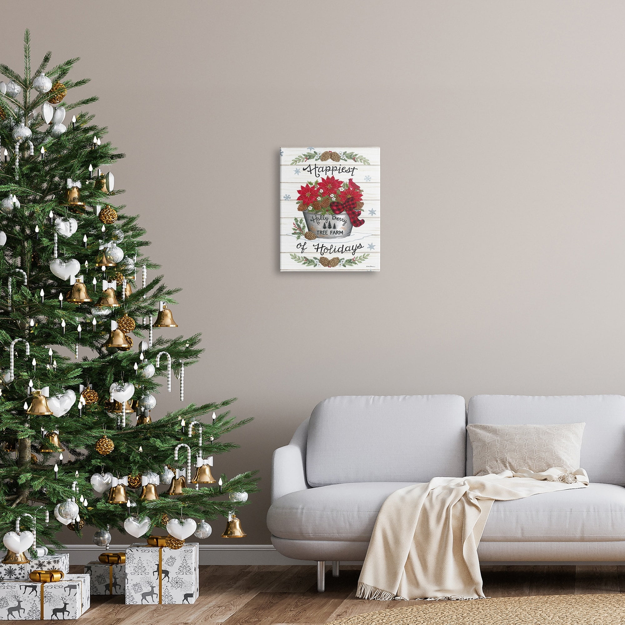 Happiest Of Holidays Grainy Pattern Rustic Poinsettia Bouquet Botanical & Floral Graphic Art Gallery-Wrapped Canvas Print Wall Art
