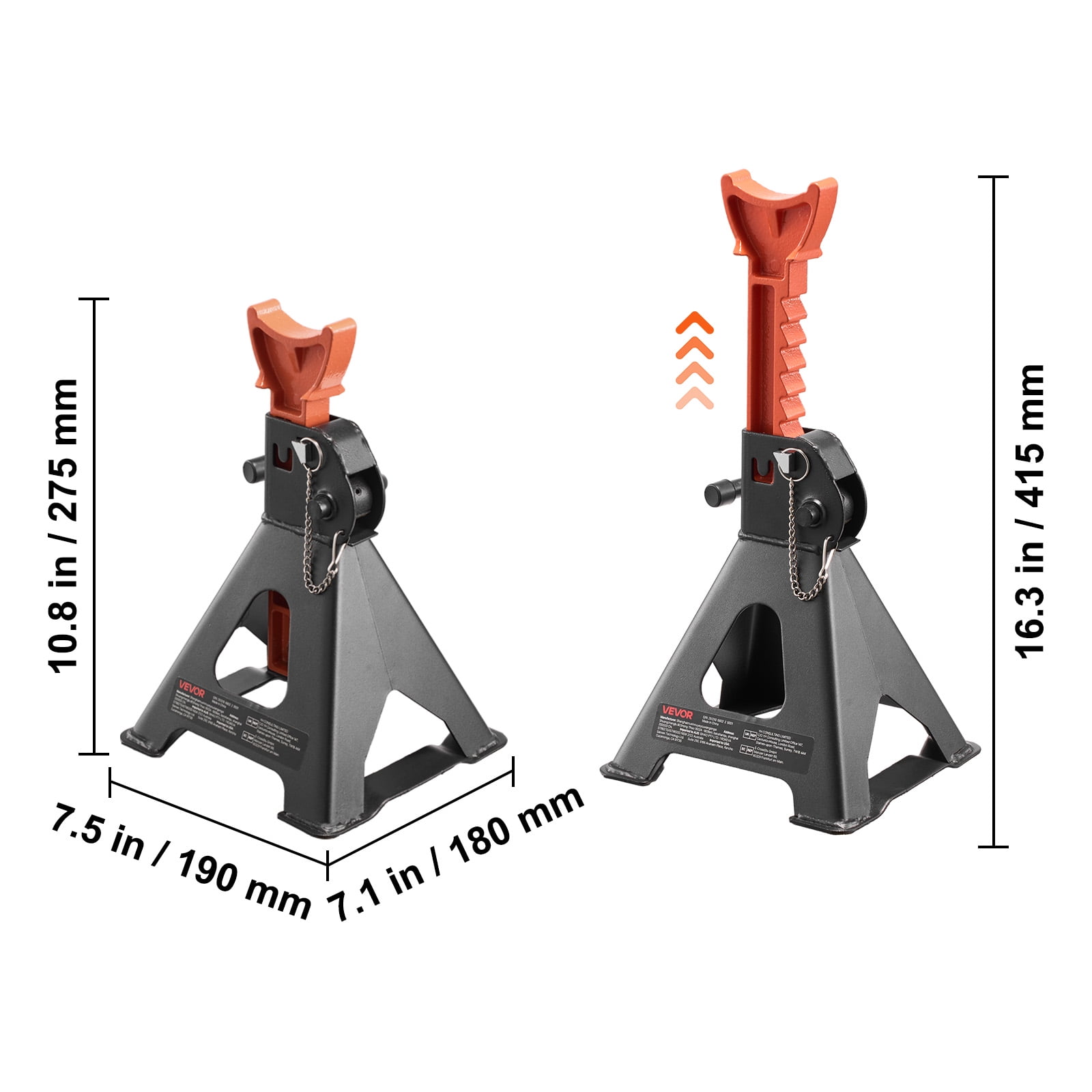 VEVOR Jack Stands, 3 Ton (6,600 lbs) Capacity, 10.8-16.3 in Adjustable Height, Heavy Duty Steel Jack Auto Stands with Double Locking, for Lifting SUV, Pickup, Car, UTV/ATV, 1 Pair, Black and Orange