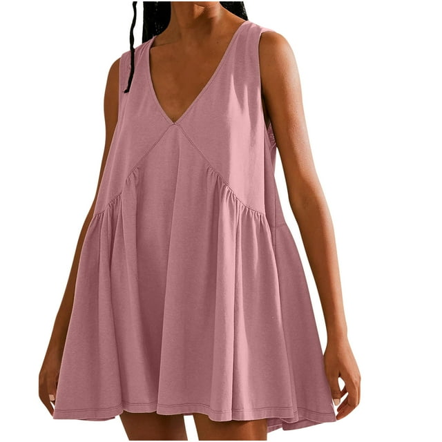 Htigea Robe Mini Sans Manches pour Femmes Été Col en V Robe Babydoll Ample Plissée Fluide Robe d'Été Douce Confortable Vêtements de Maison Rouge Melon D\'eau,S