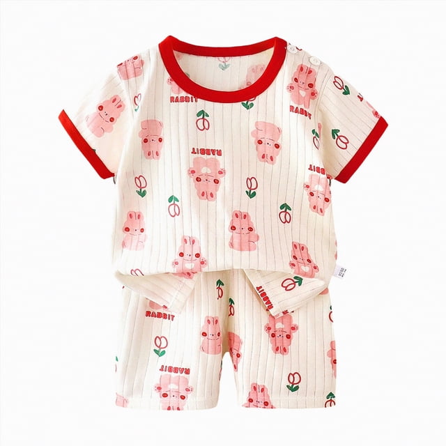 Gubotare Pyjamas pour Filles Enfants Pyjamas Filles Pyjamas Manches Courtes Col Ras du Cou Haut de Nuit Pyjama Fille 18 24 Mois (Rouge,18-24 Months)