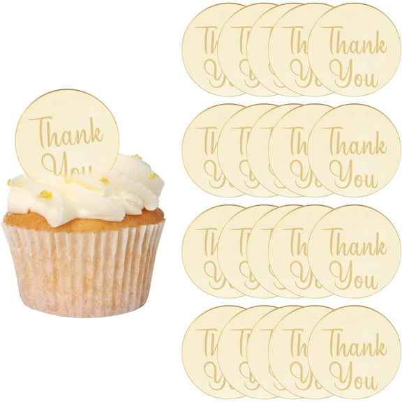 Gold Acrylic Cupcake Toppers, 20Pcs Round Thank You Cake Discs Mirror Picks Acrylic Cake Charm Cake Decoration Wedding Birthday Party Supplies,Style3
