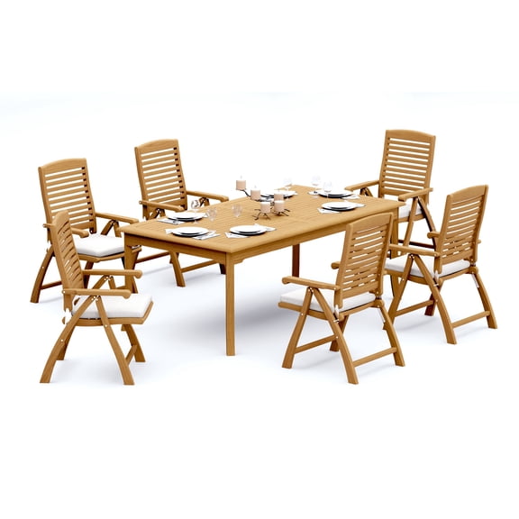 7-Piece Teak Dining Set: 83" Rectangle Table   6 Ashley Folding/Reclining Arm Chairs