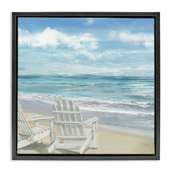 Stupell Industries White Adirondack Chairs on Beach Landscape Painting Black Floater Framed Canvas Art Print Wall Art, 18 x 18