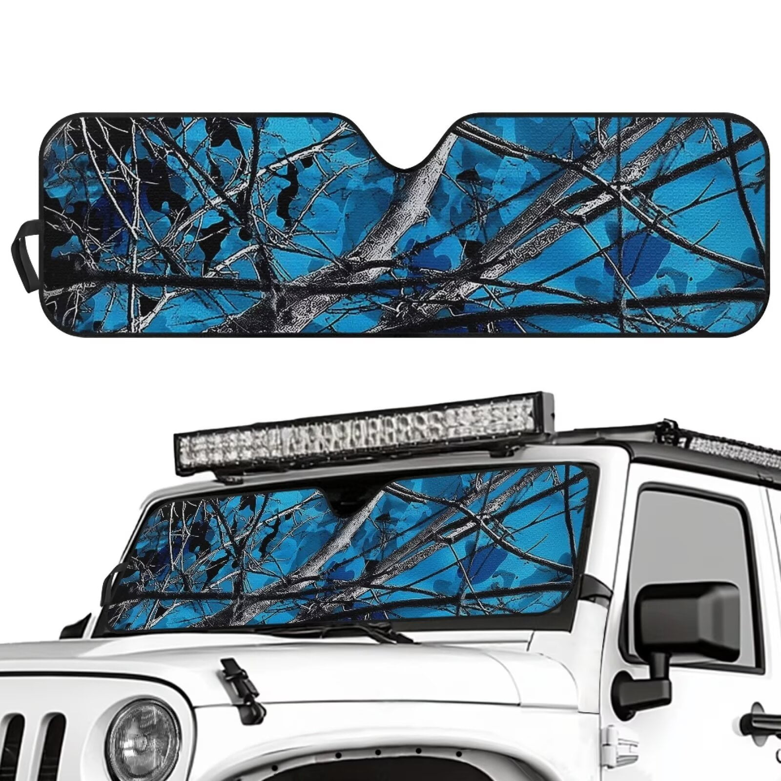 Uorisanigo Windshield Sun Shade, Blue Hunting Camo Forest Windshield Sunshade Heat Shield for Jeep Wrangler, 52.95 in *16.14 in, Compatible with JK JKU TJ 2 Door / 4 Door, Esay to Install