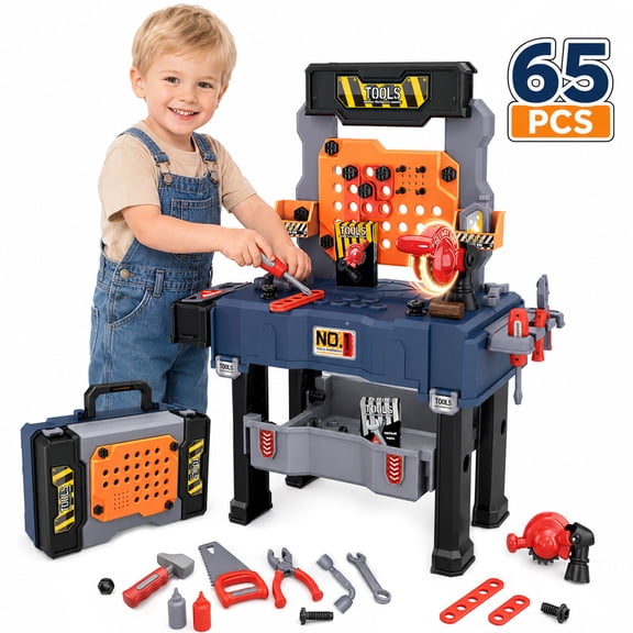 ALLJOY Kids Work Bench with Realistic Tool, 65 Pcs Kids Toddlers Tool Set,Pretend Play Workbench Construction Toys for Boys Girls