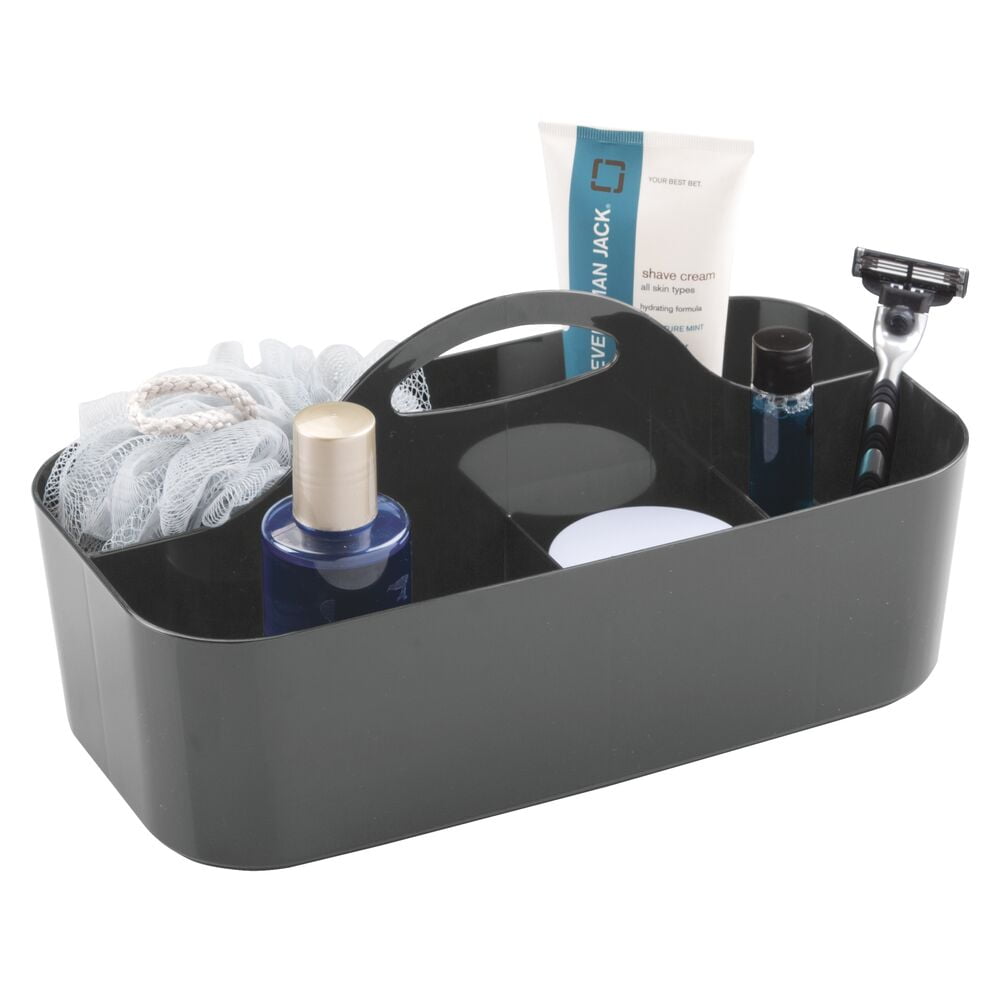 mDesign Plastic Divided Shower Organizer Basket Caddy Tote with Handle - Storage for Bathroom or Dorm - Holds Hand Soap, Shampoo, Sponges, Scrubs, and Body Wash - Lumiere Collection - Charcoal Gray