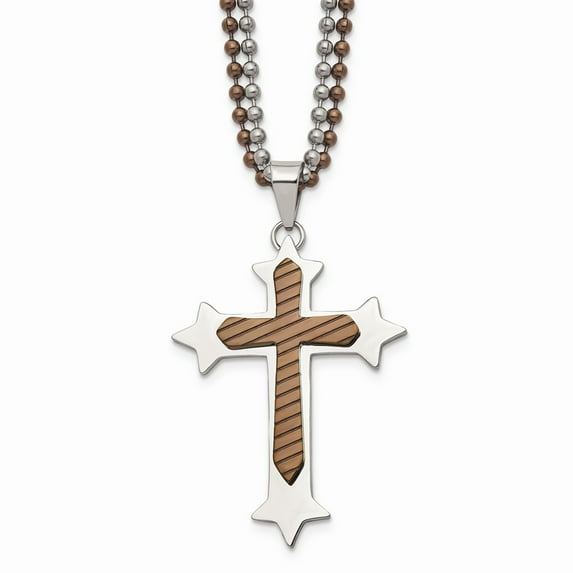 Stainless Steel Brown IP-plated Cross 24in Pendant Necklace Charm Chain 24"