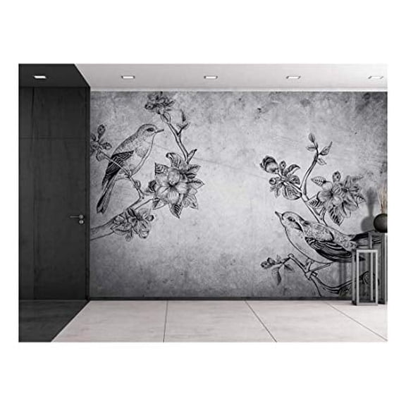 wall26 - Birds and Branches Sitting on a Grayscale Grungy Texture with a Vignette Effect Around It - Wall Mural, Removable Vinyl Wallpaper, Home Decor - 66x96 inches