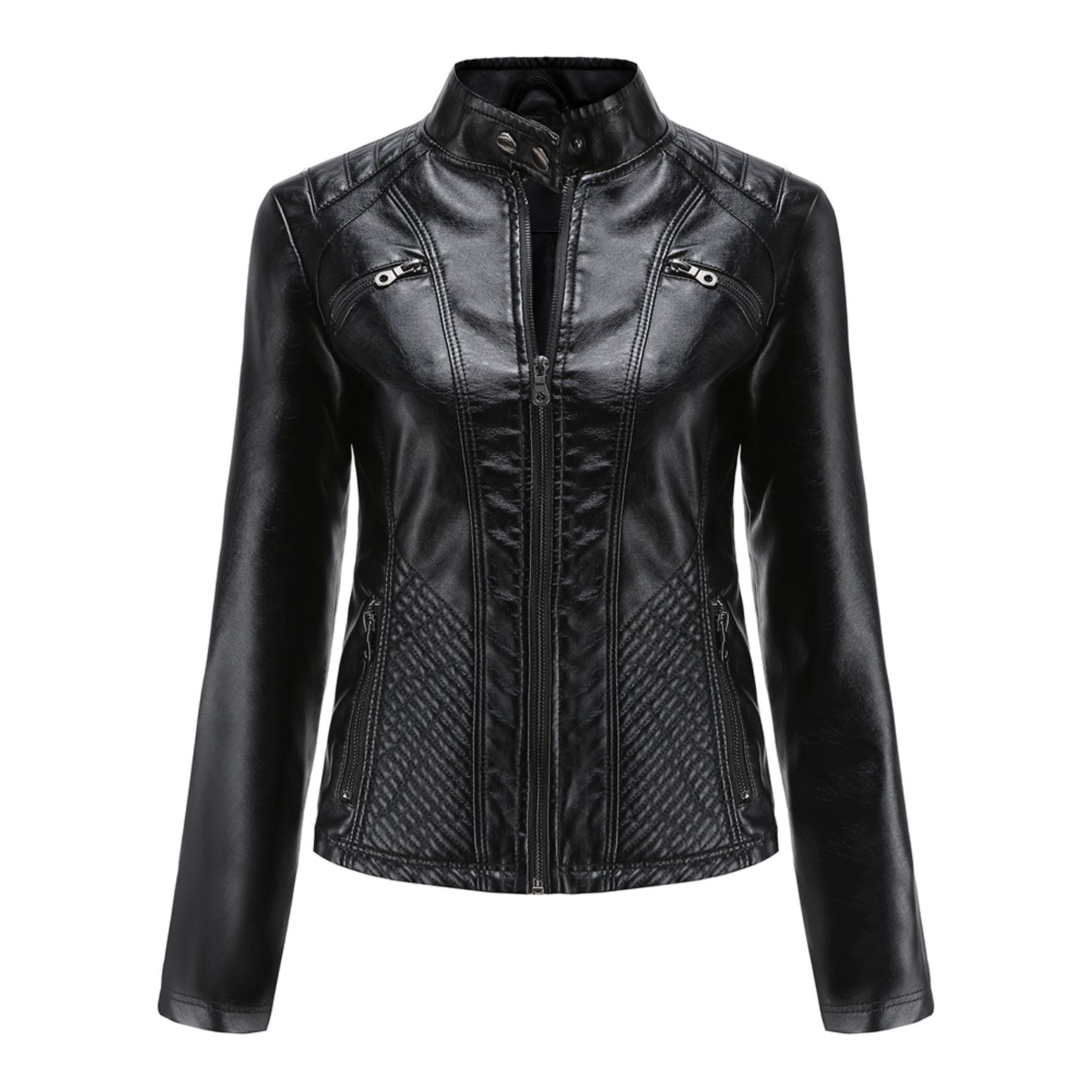 Defitshape Women's Long Sleeve Leather Jacket Faux Leather Top