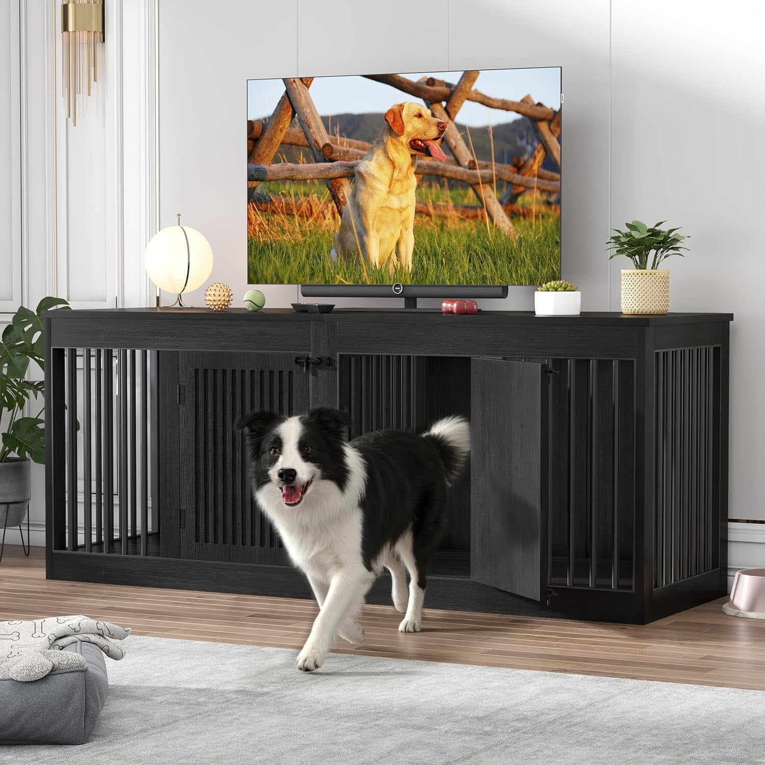 POAO 72" Double Dog Crate Furniture, Heavy Duty Dog Kennel for 2 Large Dogs, Wooden Dog Cage w Removable Divider, Decorative Dog House as TV Stand, Dark Grey