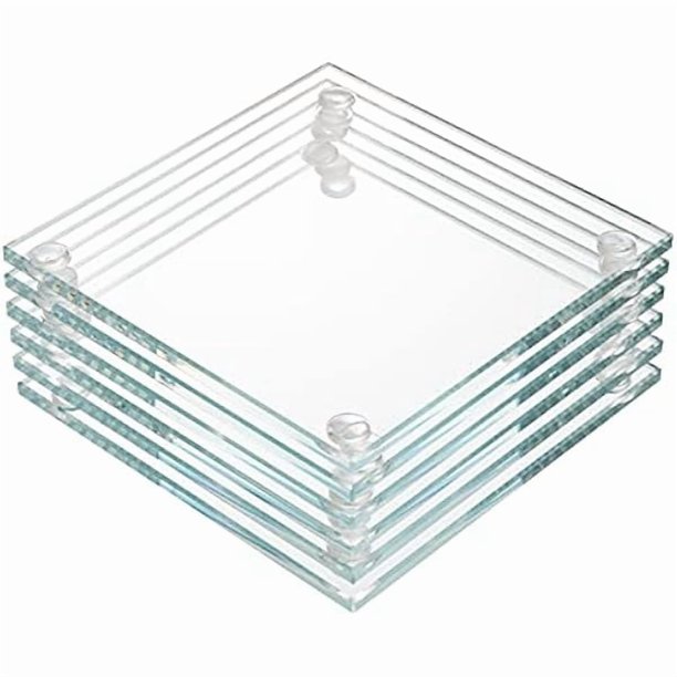 wonima02 YOUEON Set of 6 Square Glass Drink Coasters, 3.5"x3.5" Crystal Coasters for Drinks, Decorative Clear Glass Plates for Mugs, Cups, Dining Tables, Office, Kitchen, Home Decor and Parties