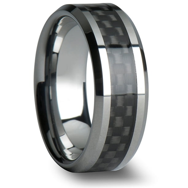 Tungsten Wedding Band Ring 8mm Men's Engagement Silver with Black Carbon Fiber Lifetime Warranty