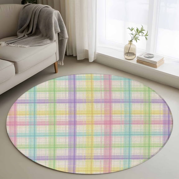 Colorful Grid Plaid 3ft Area Rug, Country Vintage Simple Geometric Washable Non-Slip Small Round Rugs for Entryway Bedroom Kitchen, Soft Circle Carpet for Dining Room, Playroom Nursery Rug