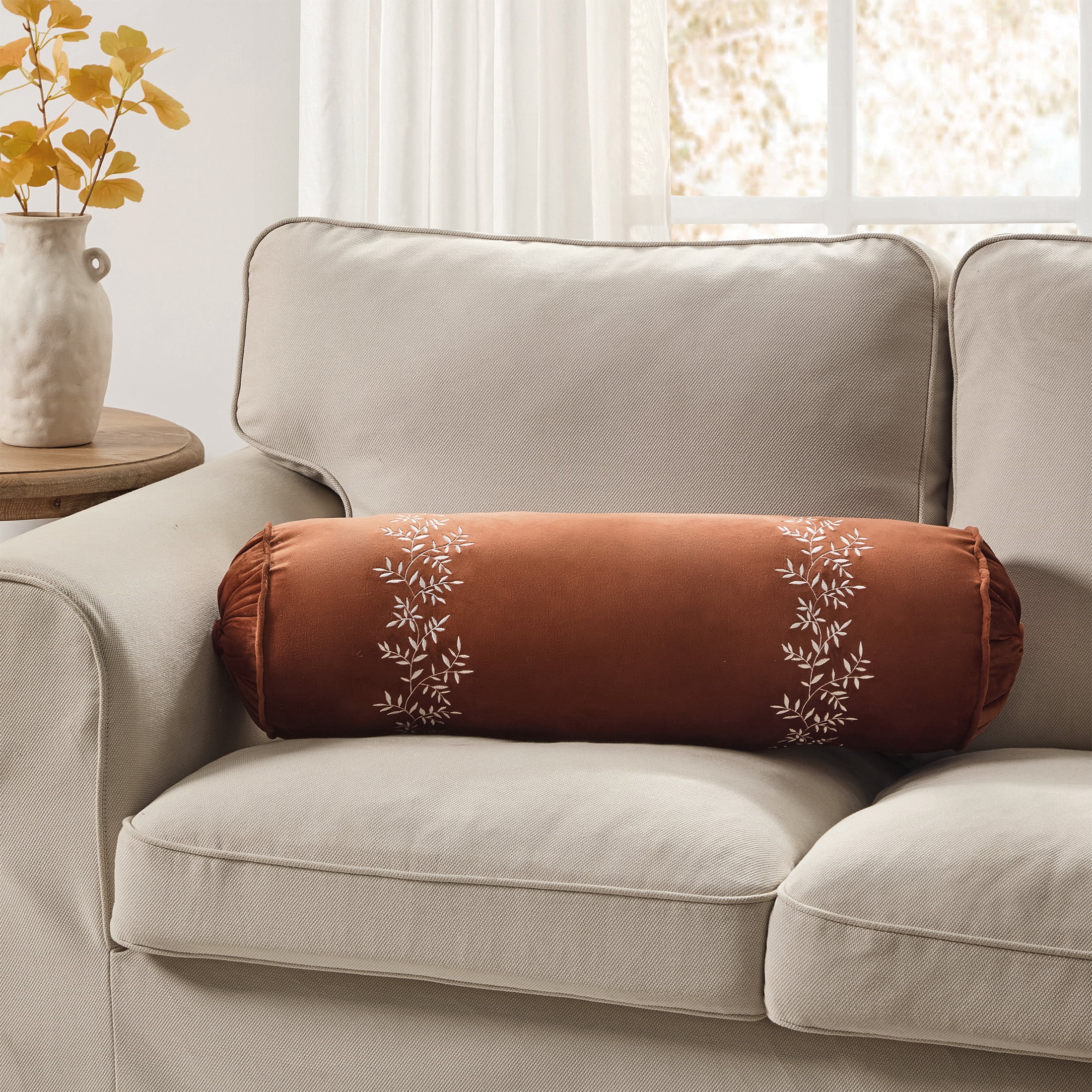My Texas House 8 in x 24 in Ginger Velvet Button Ruched Bolster Decorative Pillow