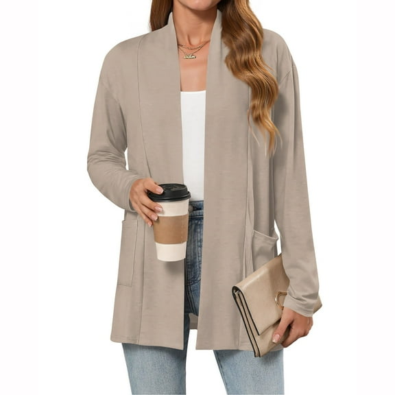 Evdexr Long Cardigans Junior Lightweight Open Front Kimono Cardigans Long Sleeve Solid Color Cardigan Sweaters Fall Thin Loose Flowy Shrugs with Pockets Khaki S