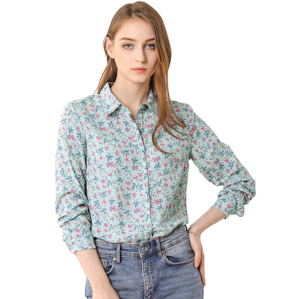 Camisa Floral con Botones Allegra K Azul M