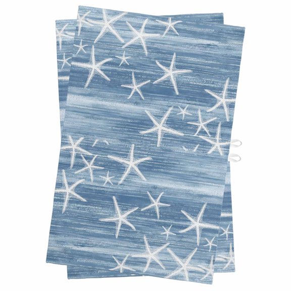 Blue Coastal Kitchen Towels Set of 2, Water Absorbent Dish Towel, Summer Ocean Waves Ombre Sea Starfish Decorative Hand Towels - Quick Drying Cloth for Cooking Baking, 18x28 Inch