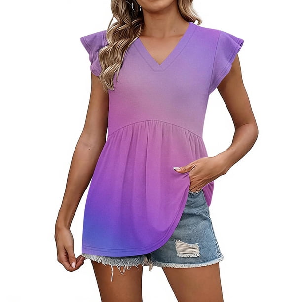 Craaazy Womens Loose Fit V-Neck Ruffle Sleeve Shirt with Polka Dot Ombre Plaid Prints for Spring and Summer Layering Gifts