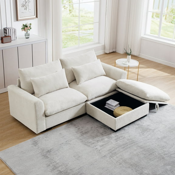 Miekor Furniture Sectional Sofa Comfy Corduroy Couch For Living Room With Pillows And Round Armrests, Modern Corduroy Sofa Sleeper Deep Couches With Storage Ottoman (Beige, 2-Seat) 00639