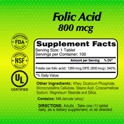 Alfa Vitamins Folic Acid 800 mcg tablets - Nervous system function support - 100 count