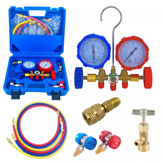 NefLaca  AC Gauge Set - 3 Way AC Manifold Gauge Set for R134A R22 R12 R502 Refrigerant, Freon Gauges with 5ft Hoses, Couplers, Can Tap Works on Car Auto Freon Charging and Evacuation
