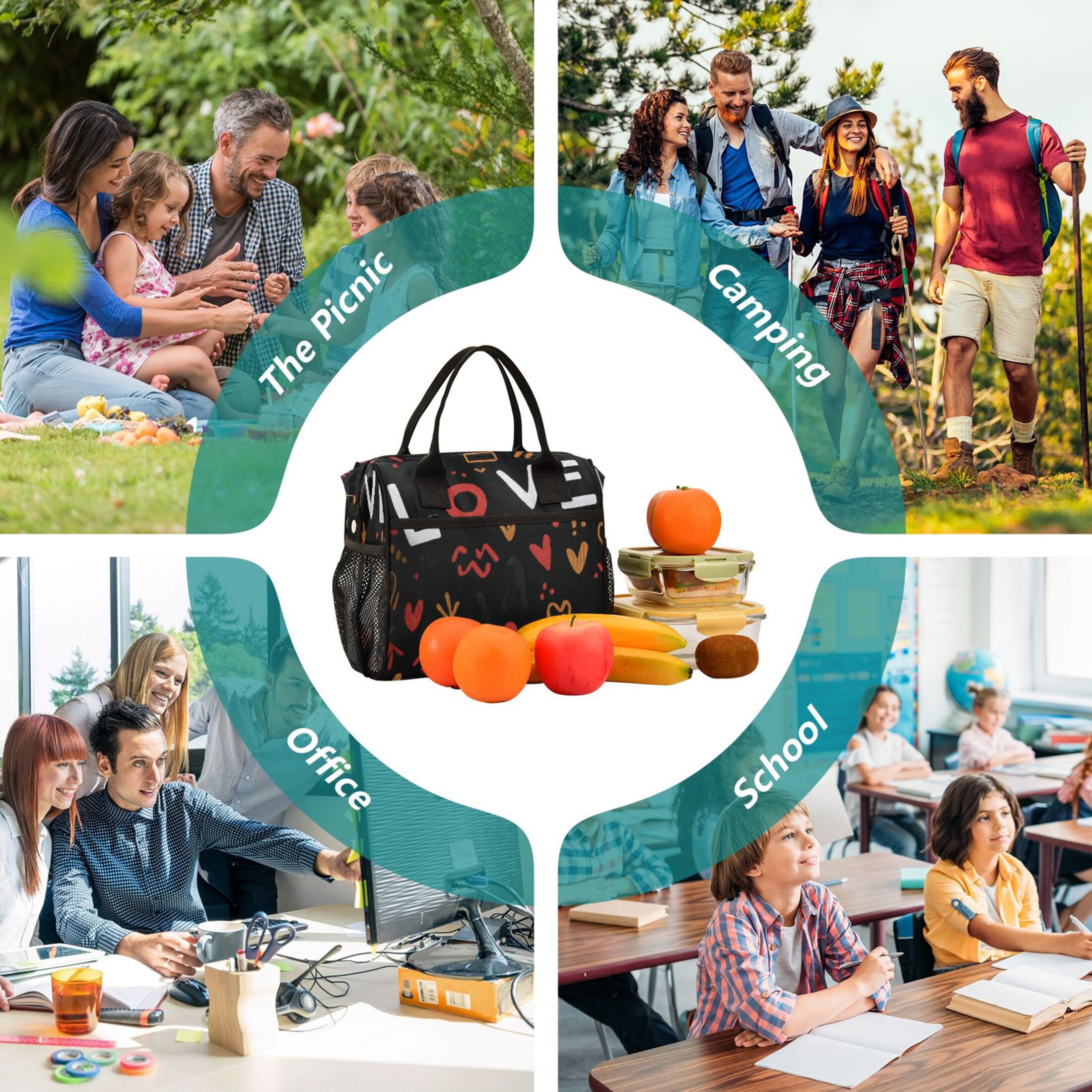 Iauyy Insulated Thermal Lunch Tote Bag for Women - S/M Sizes Portable Picnic Work Bag ,“love” Character Background
