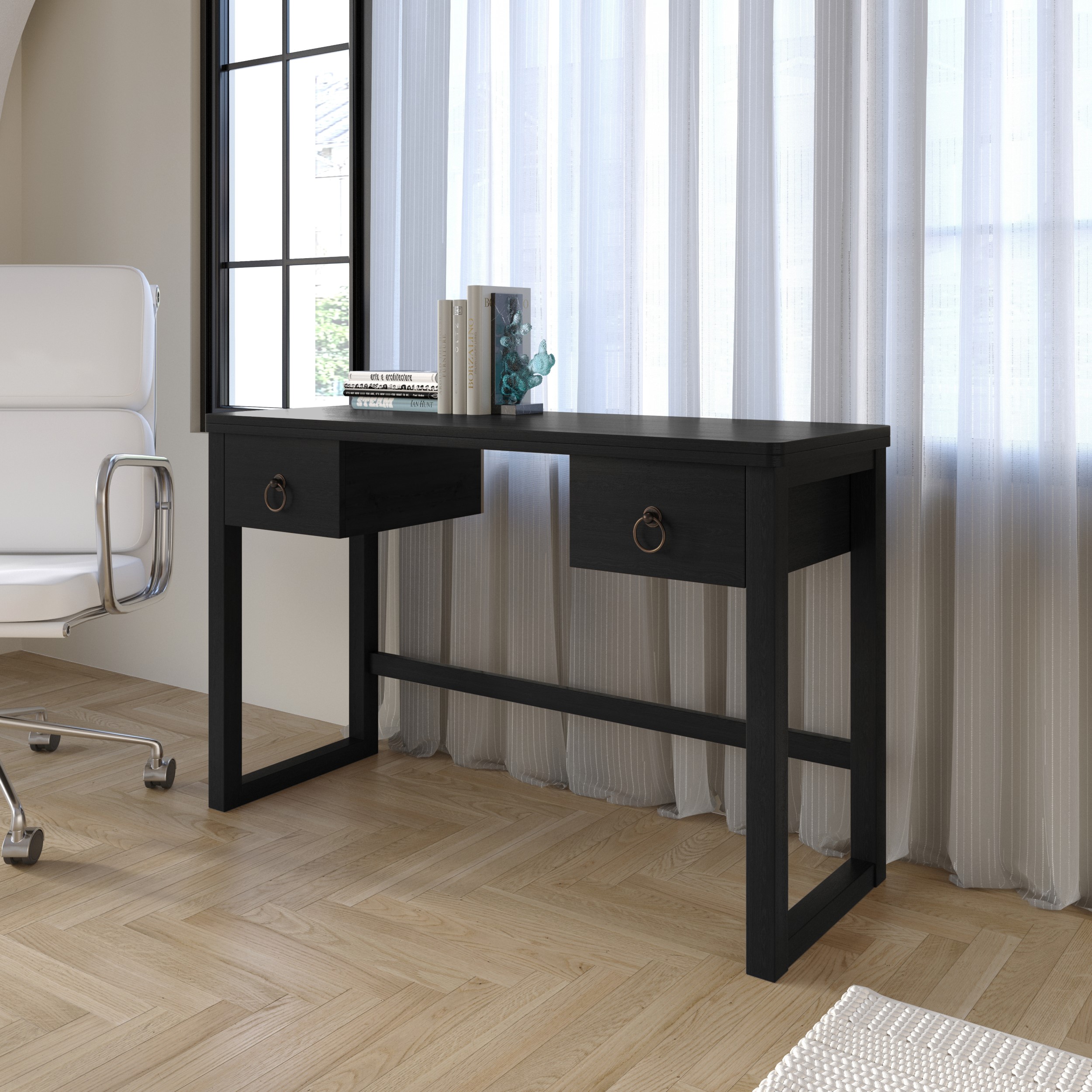 Home Design Dario Writing Desk with Spacious Tabletop and 2 Built-In Drawers, Modern Clean-Lined Design for Home Office, Study Area, or Creative Space, Black