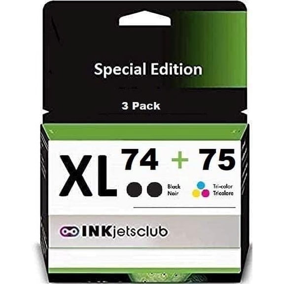 Restored InkjetsClub Compatible Ink Cartridge Replacement for 3 Pack - HP 74 & 75 High Yield Ink Cartridge Value Pack. Includes 2 Black and 1 Color Compatible Ink Cartridges. (Refurbished)