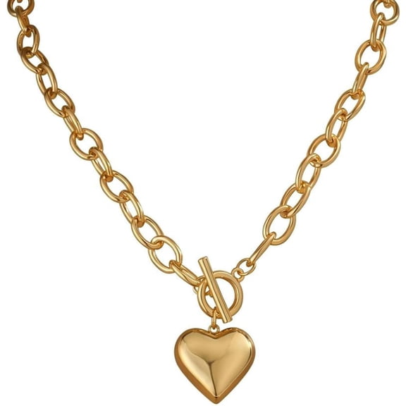 14K Gold Plated Paperclip Necklace for Women, Non-Tarnish Chunky Link Chain with Heart/Cross/Clover 3D Pendant, Adjustable Layered Statement Jewelry Gift