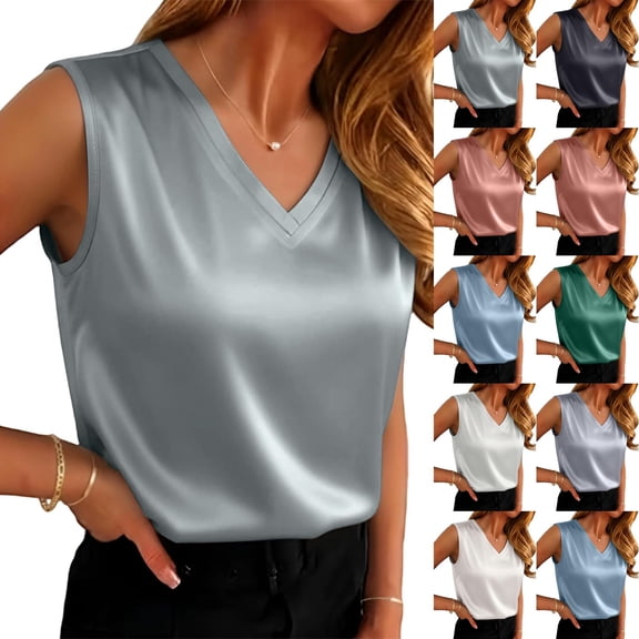 KLHDSF Tank Tops For Women V-neck Sleeveless Fashion Loose Satin Camisole Top Black L