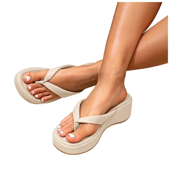 Rokment Platform Wedge Flip Flops for Women 2026 Beach Summer Fashion Casual Leather Wide Feet Orthopedic Chunky High Heels Dress Slip 0n Comfortable Walking Sandals Vacation Beige Size 6