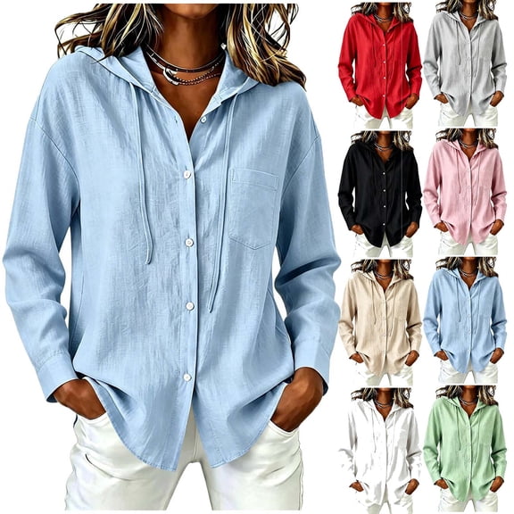 Evdexr Women's Linen Shirts Button Down Drawstring Hoodies 2026 Summer Long Sleeve Outdoor Blouses Lightweight Solid Hooded Athletic Shirts M