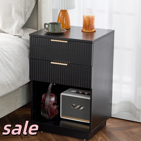 Hassch Bedside Table with 2 Drawers and Storage Shelf, Modern Nightstand for Bedroom Small Space, 15.75"L x 17.72"W x 27.56"H, Black