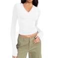 thumbnail image 2 of Trendy Long Sleeve Shirts for Women Fall Fashion V Neck Crop Slim Fitted Y2K Tops Outfits Clothes White S, 2 of 7