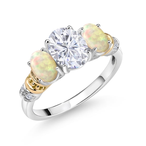 Gem Stone King 925 Sterling Silver and 10K Yellow Gold Oval Moissanite, Ethiopian Opal and White Diamond 3 Stone Ring for Women (2.17 Cttw, Gemstone Birthstone, Size 5)