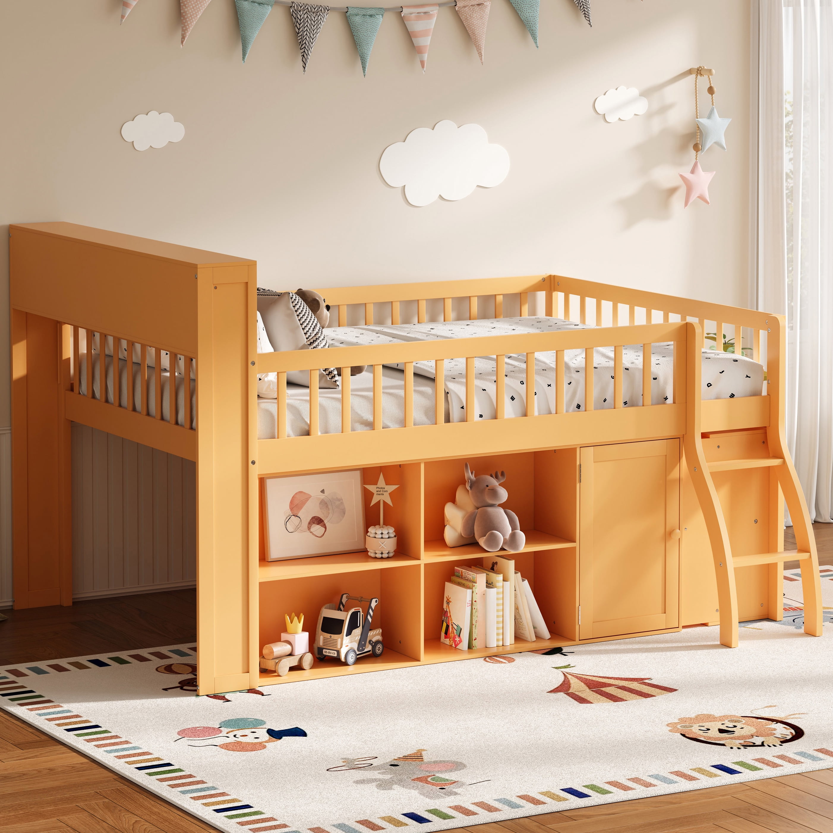 Euroco Wood Full Size Loft Bed with Storage Shelves and LED Light, Natural