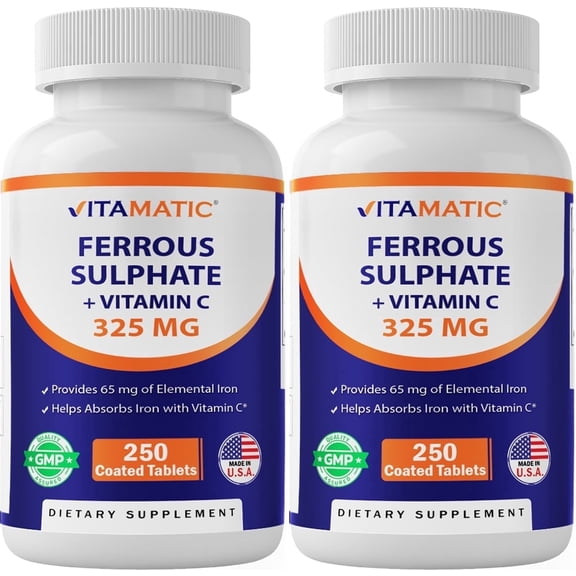 Vitamatic Ferrous Sulphate 325 mg Vitamin C 100 mg - (65 mg Elemental Iron) High Potency Iron Supplement | No Artificial Color Additives - 250 Coated Tablets - Made in USA-2 Pack
